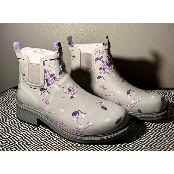 Gray Rubber & Purple JBU by JAMBU Chelsea Floral Pull On Ankle Rain Boots 8.5 M - Picture 4 of 13